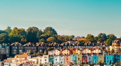 Skyline of Bristol in turquoise colour theme